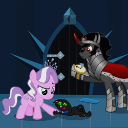 Size: 1635x1635 | Tagged: safe, artist:magerblutooth, character:diamond tiara, character:king sombra, oc, oc:dazzle, cat