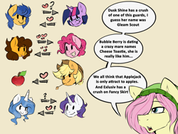Size: 1280x960 | Tagged: safe, artist:rainbowscreen, character:applejack, character:cheese sandwich, character:fancypants, character:flash sentry, character:fluttershy, character:pinkie pie, character:rarity, character:twilight sparkle, character:twilight sparkle (alicorn), oc:dusk shine, species:alicorn, species:pony, ship:cheesepie, ship:flashlight, ship:raripants, :v, applejack (male), ask the gaylord, bubble berry, butterscotch, elusive, elusiveskirt, fancy skirt, female, flare warden, grammar error, grilled cheese (r63), grilledberry, male, prince dusk, rule 63, shipping, straight, text, that pony sure does love apples