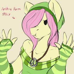 Size: 1200x1200 | Tagged: safe, artist:rainbowscreen, character:fluttershy, species:anthro, ask the gaylord, butterscotch, hippieshy, necklace, rule 63, watch out we have a badass over here