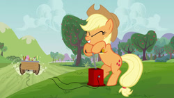Size: 1440x810 | Tagged: safe, artist:dtkraus, edit, screencap, character:applejack, species:earth pony, species:pony, carriage, dark comedy, death, familicide, female, filly, hay ride, imminent death, male, mare, murder, nyeh, parricide, stallion, this will end in death, this will end in explosions, this will end in tears and/or death, tnt, wat