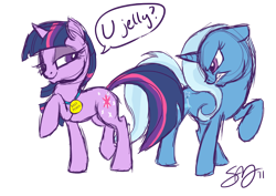 Size: 1204x853 | Tagged: safe, artist:probablyfakeblonde, character:trixie, character:twilight sparkle, species:pony, species:unicorn, angry, dialogue, medal, raised hoof, signature, simple background, smug, transparent background