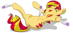 Size: 4500x2020 | Tagged: safe, artist:template93, character:sunset shimmer, species:pony, species:unicorn, commission, cute, feather, featureless crotch, female, hoof tickling, laughing, magic, simple background, solo, tickling, transparent background, underhoof