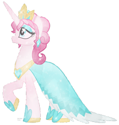 Size: 811x848 | Tagged: safe, artist:faith-wolff, character:princess amore, species:crystal pony, species:pony, species:unicorn, fanfic:the bridge, cape, clothing, crown, crystallized, ear piercing, earring, female, jewelry, mare, piercing, raised hoof, regalia, simple background, solo, transparent background
