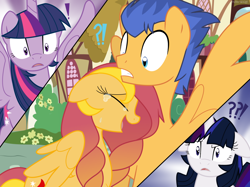 Size: 1154x862 | Tagged: safe, artist:faith-wolff, character:flash sentry, character:twilight sparkle, character:twilight sparkle (alicorn), oc, oc:flare sparks, oc:stella nova, parent:flash sentry, parent:sunset shimmer, parent:twilight sparkle, parents:flashimmer, parents:flashlight, species:alicorn, species:pegasus, species:pony, species:unicorn, faithverse, confused, crying, female, floppy ears, frown, gritted teeth, mare, next generation, offspring, spread wings, surprised, tears of joy, wide eyes, wings
