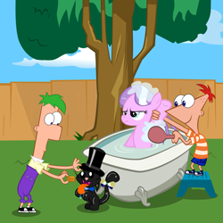 Size: 1635x1635 | Tagged: safe, artist:magerblutooth, character:diamond tiara, oc, oc:dazzle, bath, bathtub, bubble, cat, claw foot bathtub, crossover, ferb fletcher, phineas and ferb, phineas flynn, reference, wet mane