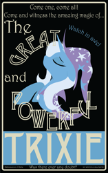 Size: 791x1261 | Tagged: safe, artist:mane-iac, artist:rariedash, character:trixie, species:alicorn, species:pony, species:unicorn, clothing, coat, eyes closed, female, floppy ears, hat, hooves, horn, lineless, mare, poster, profile, solo, text, vector, wings