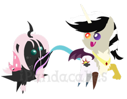 Size: 900x704 | Tagged: safe, artist:ipandacakes, oc, oc only, oc:chaotic, oc:pomf puff, parent:discord, parent:oc:fluffle puff, parent:princess celestia, parent:queen chrysalis, parents:canon x oc, parents:chrysipuff, parents:dislestia, changeling oc, chibi, duo, hybrid, interspecies offspring, magical lesbian spawn, offspring, pointy ponies