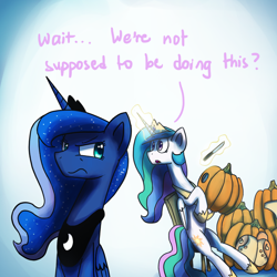 Size: 1200x1200 | Tagged: safe, artist:anticular, character:princess celestia, character:princess luna, species:alicorn, species:pony, ask sunshine and moonbeams, chair, comic, duo, duo female, eyes closed, female, halloween, holiday, jack-o-lantern, knife, levitation, magic, mare, open mouth, peytral, pumpkin, pumpkin carving, sitting, tumblr, unamused