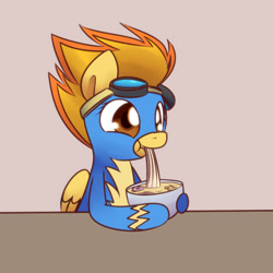 Size: 700x700 | Tagged: safe, artist:solar-slash, character:spitfire, species:pegasus, species:pony, :t, bowl, cute, cutefire, eating, female, food, goggles, gray background, hoof hold, mare, noodles, ramen, simple background, smiling, solo, wonderbolts uniform