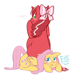 Size: 922x1000 | Tagged: safe, artist:redintravenous, character:fluttershy, oc, oc:red ribbon, fat, flutterseat, sitting