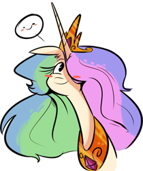 Size: 500x594 | Tagged: dead source, safe, artist:herny, character:princess celestia, species:pony, species:unicorn, luna-afterdark, blush sticker, blushing, c:, cute, cutelestia, female, floppy ears, hair over one eye, looking at you, lunaafterdarkafterdark, mare, simple background, smiling, solo, weapons-grade cute, white background