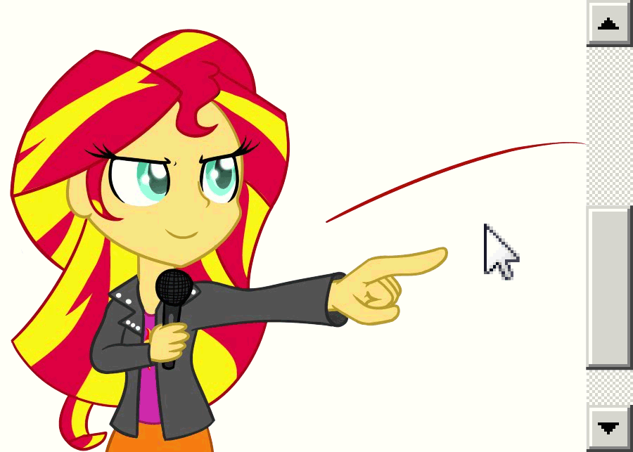 Size: 900x643 | Tagged: safe, artist:klystron2010, artist:puetsua, edit, character:sunset shimmer, equestria girls:rainbow rocks, g4, my little pony: equestria girls, my little pony:equestria girls, animated, clothing, female, jacket, microphone, pointing, pun, scroll, scrollbar, shocked, singing, skirt, solo, visual gag
