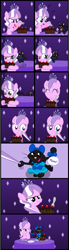 Size: 1500x5431 | Tagged: safe, artist:magerblutooth, character:diamond tiara, oc, oc:dazzle, species:pony, comic:diamond and dazzle, cake, cat, chocolate, clothing, comic, crossdressing, dress, fork, trickery
