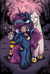 Size: 1280x1883 | Tagged: safe, artist:herny, character:princess celestia, character:princess luna, oc, oc:kevin the nightguard, species:human, luna-afterdark, bedsheet ghost, blinding flare, clothing, costume, ghost, halloween, humanized, nightmare night, pony costume, textless