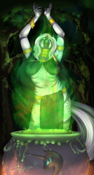 Size: 1030x1920 | Tagged: safe, artist:phathusa, character:zecora, species:anthro, species:zebra, alternate hairstyle, armpits, breasts, busty zecora, cauldron, everfree forest, female, nightmare night, solo