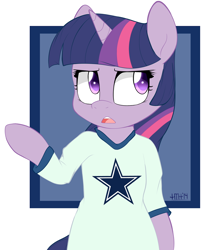 Size: 872x1000 | Tagged: safe, artist:higgly-chan, character:twilight sparkle, clothing, dallas cowboys, female, nfl, semi-anthro, shirt, solo, twilight is not amused, unamused