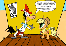 Size: 900x637 | Tagged: safe, artist:joeywaggoner, character:applejack, crossover, dick dastardly, frown, glare, hanna barbera, open mouth, quick draw mcgraw, wacky races, wide eyes