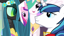 Size: 1280x720 | Tagged: safe, artist:dtkraus, edit, edited screencap, screencap, character:princess celestia, character:queen chrysalis, character:shining armor, species:changeling, ship:shining chrysalis, episode:a canterlot wedding, g4, my little pony: friendship is magic, alternate ending, bad end, bedroom eyes, disguise, disguised changeling, edited edit, eye contact, fake cadance, female, impossibly wide description, male, mask, now you fucked up, paper-thin disguise, role reversal, seems legit, shining armor is a goddamn moron, shipping, smiling, spy, straight, stupidity, team fortress 2, wallpaper, wedding