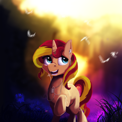 Size: 2000x2000 | Tagged: safe, artist:hierozaki, character:sunset shimmer, species:pony, species:unicorn, earbuds, female, mp3 player, music player, raised hoof, smiling, solo