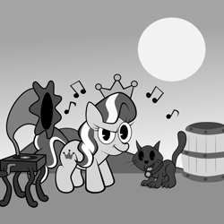 Size: 1635x1635 | Tagged: safe, artist:magerblutooth, character:diamond tiara, oc, oc:dazzle, black and white, cat, grayscale, music notes, music player, sun