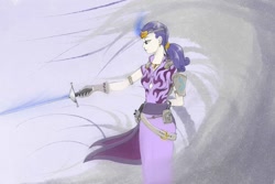 Size: 900x600 | Tagged: safe, artist:madhotaru, character:rarity, belt, clothing, dress, female, humanized, solo, sword, weapon