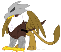 Size: 955x811 | Tagged: safe, artist:faith-wolff, oc, oc only, oc:shyzo, species:griffon, armor, chainmail, clothing, game of thrones, griffon oc, helmet, hidden face, simple background, solo, transparent background