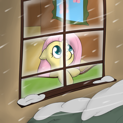 Size: 1000x1000 | Tagged: safe, artist:theparagon, character:fluttershy, female, snow, snowfall, solo, window
