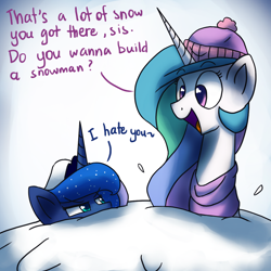 Size: 1200x1200 | Tagged: safe, artist:anticular, character:princess celestia, character:princess luna, species:alicorn, species:pony, ask sunshine and moonbeams, clothing, do you want to build a snowman, duo, duo female, female, frozen (movie), hat, jacket, mare, scarf, snow, song reference, tumblr
