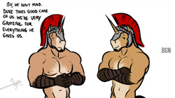 Size: 900x506 | Tagged: safe, artist:bgn, oc, oc:fidelis, oc:valens, species:anthro, duo, duo male, helmet, looking at you, male, muscles, royal guard, smiling