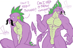 Size: 900x585 | Tagged: safe, artist:bgn, character:rarity, character:spike, species:anthro, species:dragon, ship:sparity, adult spike, anthro dragon, beefspike, featureless crotch, female, greed spike, male, muscles, older, shipping, spikezilla, straight, stupid sexy spike, tail hold, teenage spike, teenaged dragon