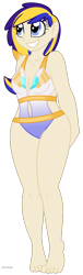 Size: 375x1233 | Tagged: safe, artist:faith-wolff, oc, oc only, oc:mi querida esperanza, parent:princess cadance, parent:shining armor, parents:shiningcadance, species:human, faithverse, absolute cleavage, barefoot, belly button, breasts, cleavage, clothing, feet, female, humanized, humanized oc, navel cutout, next generation, offspring, one-piece swimsuit, open-back swimsuit, smiling, solo, swimsuit