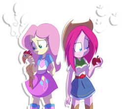 Size: 1216x1076 | Tagged: safe, artist:fj-c, character:fluttershy, character:pinkamena diane pie, character:pinkie pie, episode:magical mystery cure, g4, my little pony: friendship is magic, my little pony:equestria girls, accessory swap, apple, belt, boots, clothes swap, clothing, country pie, cowboy hat, denim skirt, equestria girls interpretation, hat, miniskirt, rubber chicken, scene interpretation, shoes, skirt, stetson, swapped cutie marks