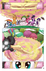 Size: 1393x2167 | Tagged: safe, artist:saturdaymorningproj, character:angel bunny, character:applejack, character:fluttershy, character:gummy, character:owlowiscious, character:pinkie pie, character:rainbow dash, character:rarity, character:twilight sparkle, character:winona, species:earth pony, species:pegasus, species:pony, species:unicorn, angelic flutterboom, badass, bunny ears, comic, dangerous mission outfit, eyes closed, female, flutterbadass, mane six, mare