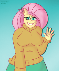 Size: 5000x6000 | Tagged: safe, artist:scobionicle99, character:fluttershy, species:anthro, absurd resolution, breasts, busty fluttershy, clothing, female, solo, sweatershy