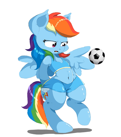Size: 500x565 | Tagged: dead source, safe, artist:purple-yoshi-draws, artist:snowlik3, character:rainbow dash, species:pegasus, species:pony, animated, ball, belly button, bipedal, clothing, cute, dashabetes, female, football, kicking, mare, semi-anthro, shorts, solo, sports, tank top, wide hips