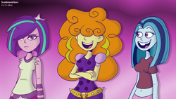 Size: 7112x4000 | Tagged: safe, artist:scobionicle99, character:adagio dazzle, character:aria blaze, character:sonata dusk, my little pony:equestria girls, absurd resolution, alternate hairstyle, belly button, ed edd n eddy, hair over eyes, hair over one eye, kanker sisters, lee kanker, loose hair, marie kanker, may kanker, midriff, style emulation, the dazzlings, the kanklings