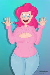 Size: 3880x5800 | Tagged: safe, artist:scobionicle99, character:pinkie pie, species:human, breasts, busty pinkie pie, clothing, female, humanized, keyhole turtleneck, open-chest sweater, plump, sweater, turtleneck