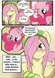 Size: 1280x1810 | Tagged: safe, artist:rainbowscreen, character:fluttershy, character:pinkie pie, adoraberry, adorascotch, ask the gaylord, bubble berry, butterscotch, comic, cute, dialogue, duo, duo male, male, misspelling, rule 63, rule63betes, shyabetes