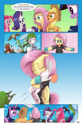 Size: 1393x2167 | Tagged: safe, artist:saturdaymorningproj, character:angel bunny, character:applejack, character:fluttershy, character:gummy, character:opalescence, character:owlowiscious, character:pinkie pie, character:rainbow dash, character:rarity, character:tank, character:twilight sparkle, character:winona, species:earth pony, species:pegasus, species:pony, species:unicorn, angelic flutterboom, blushing, bunny ears, clothing, comic, cowboy hat, dangerous mission outfit, eyes closed, female, hat, helmet, hoodie, mane six, mare, one eye closed, open mouth, stetson