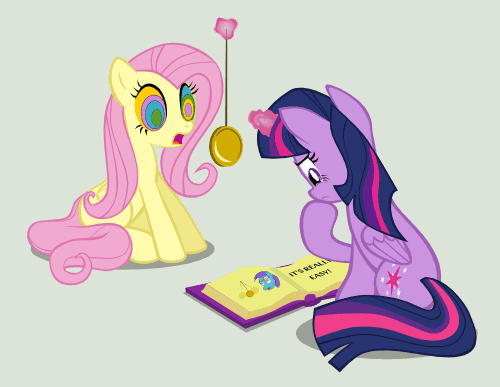 Size: 500x387 | Tagged: safe, artist:magerblutooth, character:fluttershy, character:twilight sparkle, character:twilight sparkle (alicorn), species:alicorn, species:pony, animated, book, explicit source, female, hypnosis, mare