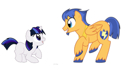 Size: 1255x680 | Tagged: safe, artist:faith-wolff, character:flash sentry, oc, oc:stella nova, parent:flash sentry, parent:twilight sparkle, parents:flashlight, species:pegasus, species:pony, species:unicorn, faithverse, eye contact, father and daughter, female, filly, goatee, next generation, offspring, older, open mouth, raised hoof, raised leg, simple background, smiling, sunshine sunshine, transparent background