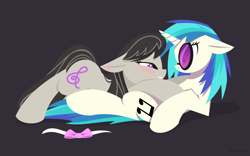 Size: 1280x800 | Tagged: safe, artist:hoverrover, character:dj pon-3, character:octavia melody, character:vinyl scratch, species:earth pony, species:pony, species:unicorn, ship:scratchtavia, g4, bedroom eyes, blushing, bow tie, clothes on floor, cuddling, cutie mark, ear blush, eye contact, female, floppy ears, grin, hooves, horn, lesbian, lidded eyes, lineless, looking at each other, lying down, male, mare, on back, profile, shipping, simple background, smiling, snuggling, sunglasses, teeth, wide eyes