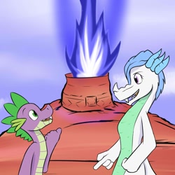 Size: 1280x1280 | Tagged: safe, artist:fuzebox, character:spike, oc, oc:kitoith, species:dragon, fire, male, mountain, older, older spike, semi-anthro, spike's journey, story included, teenage spike, teenaged dragon, tumblr