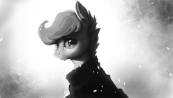 Size: 1920x1080 | Tagged: safe, artist:hierozaki, character:scootaloo, species:pegasus, species:pony, clothing, crying, ear fluff, female, grayscale, monochrome, portrait, solo, sweater