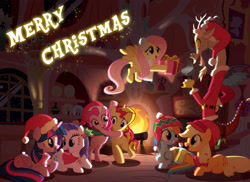 Size: 2628x1915 | Tagged: safe, artist:light262, character:applejack, character:discord, character:fluttershy, character:pinkie pie, character:rainbow dash, character:rarity, character:sunset shimmer, character:twilight sparkle, character:twilight sparkle (alicorn), species:alicorn, species:pony, alternate mane seven, cape, christmas, cider, clothing, earmuffs, female, fire, flying, golden oaks library, hat, holly, hug, mane six, mare, present, santa hat, scarf, snow, snowfall, winter
