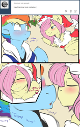 Size: 1280x2042 | Tagged: dead source, safe, artist:rainbowscreen, character:fluttershy, character:rainbow dash, species:anthro, ship:flutterdash, ask the gaylord, blushing, butterblitz, butterscotch, christmas, comic, gay, holly, holly mistaken for mistletoe, imminent kissing, male, rainbow blitz, rule 63, shipping, tumblr
