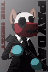 Size: 3000x4500 | Tagged: safe, artist:template93, species:wolf, clothing, crossover, gloves, gun, mask, necktie, patreon, payday, payday the heist, ponified, reinbeck, shotgun, solo, suit, weapon