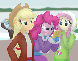 Size: 1039x806 | Tagged: safe, artist:faith-wolff, character:applejack, character:fluttershy, character:pinkie pie, character:rainbow dash, fanfic:the bridge, my little pony:equestria girls, female, phone, snow, story included, tongue out, winter