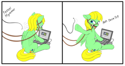 Size: 1515x796 | Tagged: safe, artist:zippysqrl, oc, oc only, oc:viva reverie, bit, bridle, comic, computer, dialogue, laptop computer, offscreen character, reins, sequence, sitting, solo, speech, spread wings, underhoof, whip, whipping, wings