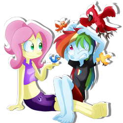 Size: 2000x2000 | Tagged: safe, artist:fj-c, character:fluttershy, character:rainbow dash, species:bird, my little pony:equestria girls, abuse, barefoot, belly button, breasts, clothing, dashabuse, delicious flat chest, feet, flattershy, midriff, pajamas, toes